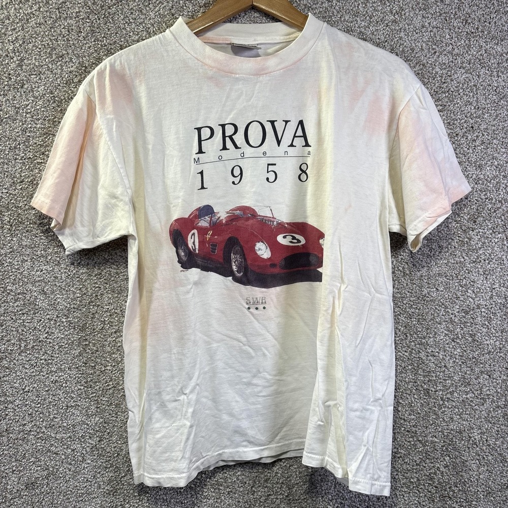 Vintage Prova Modena Oneita Shirt Mens Large White 1958 Race Car Graphic Tee
